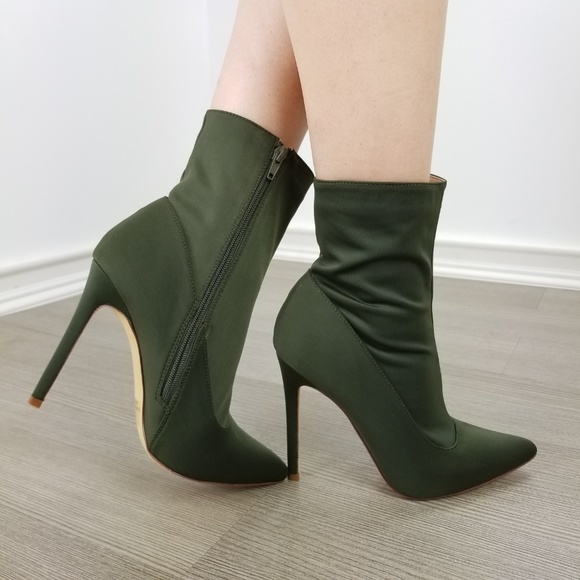 Olive pointy toe Sexy stiletto ankle sock boots - Picture 5 of 8